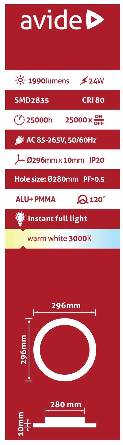 Avide 913063 Vgradna stropna svetilka LED 24W WW 1990 lm