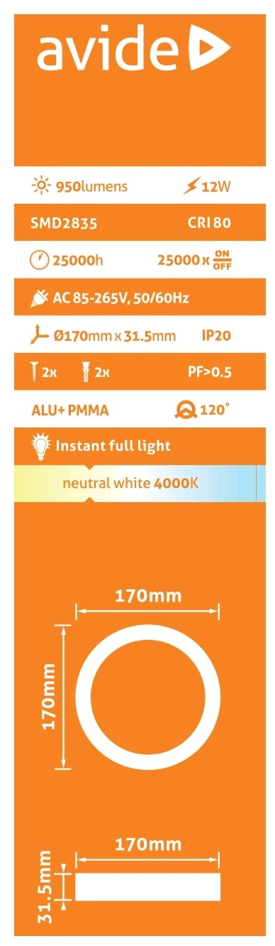 Avide 81864 Stropna svetilka LED 12W NW 950 lm