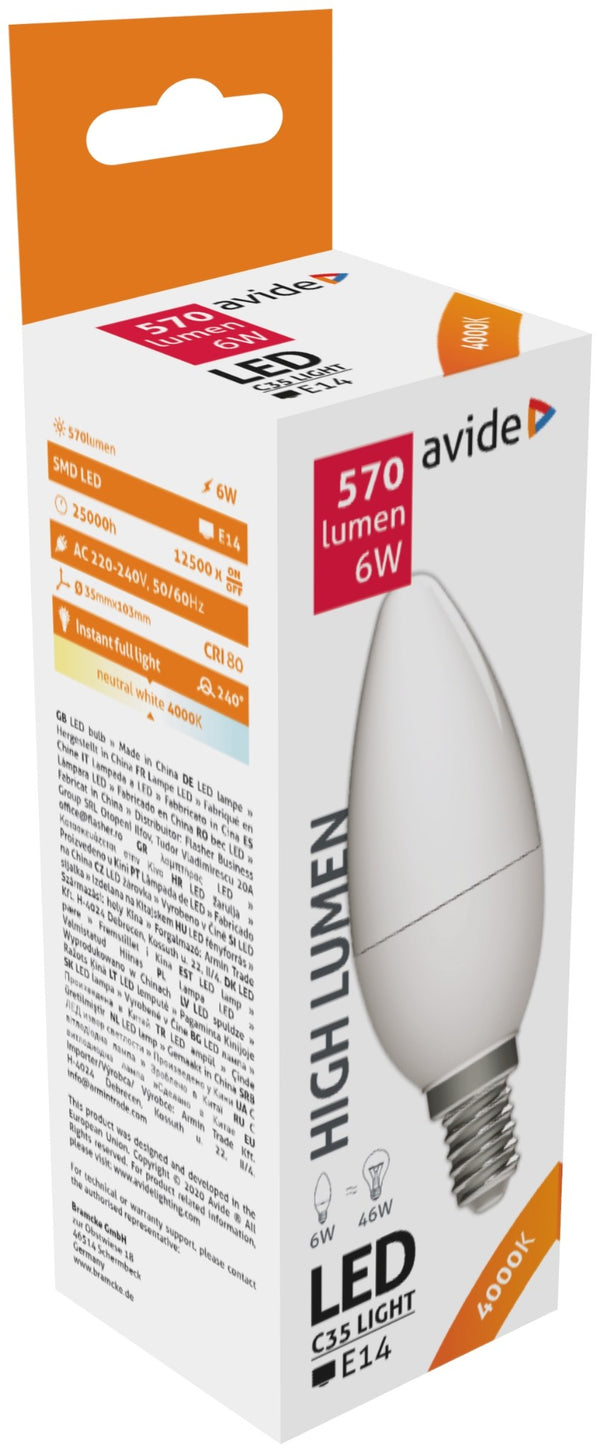 Avide 285169 Žarnica Candle LED 6W E14 4000K 570lm C35 240°