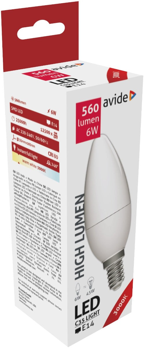 Avide 285183 Žarnica LED 6W E14 3000K 560lm C35