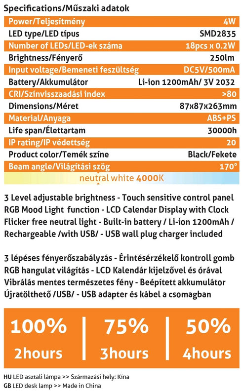 Avide 287804 Namizna svetilka Calendar LED RGB 4W NW 250 lm