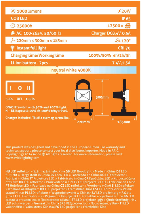 Avide 07109 Polnilni reflektor LED COB 20W NW 1100lm